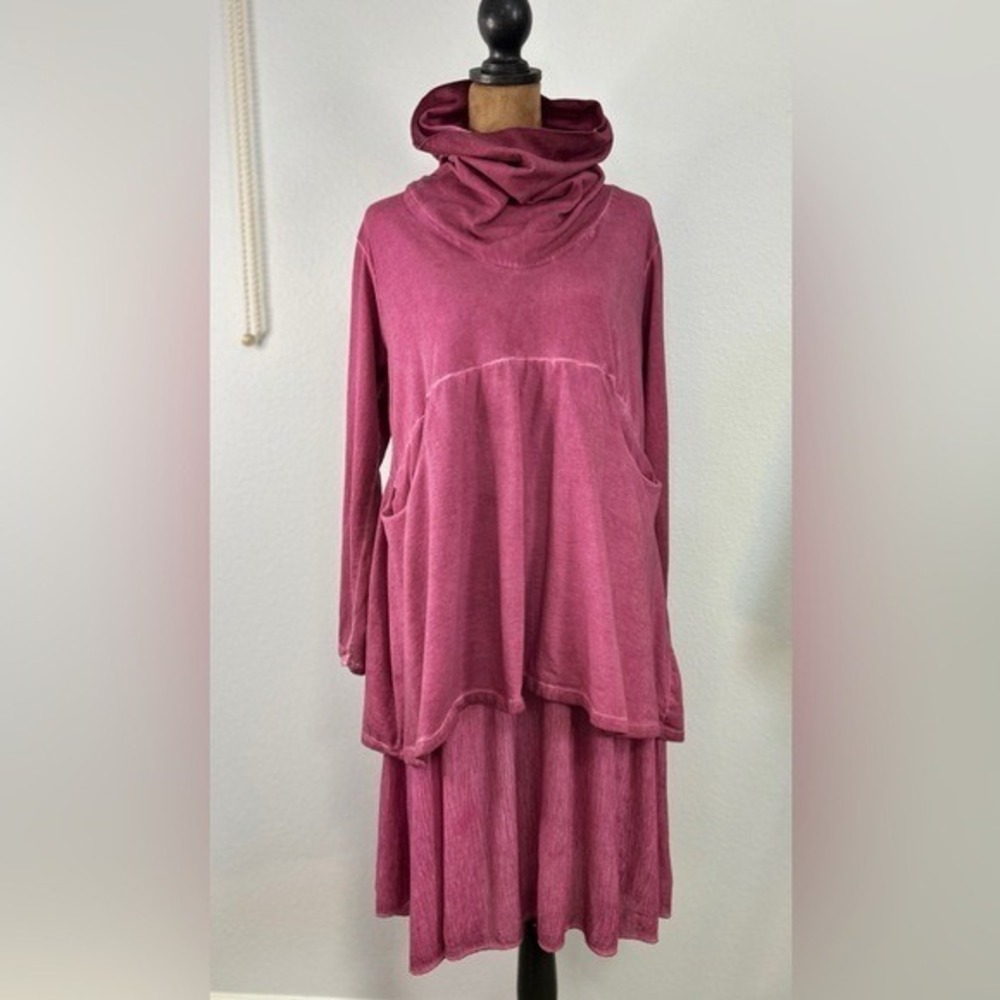 SAGA Made in Italy Lagenlook‎ Cotton Dress Cowl Neck Layered Midi OS